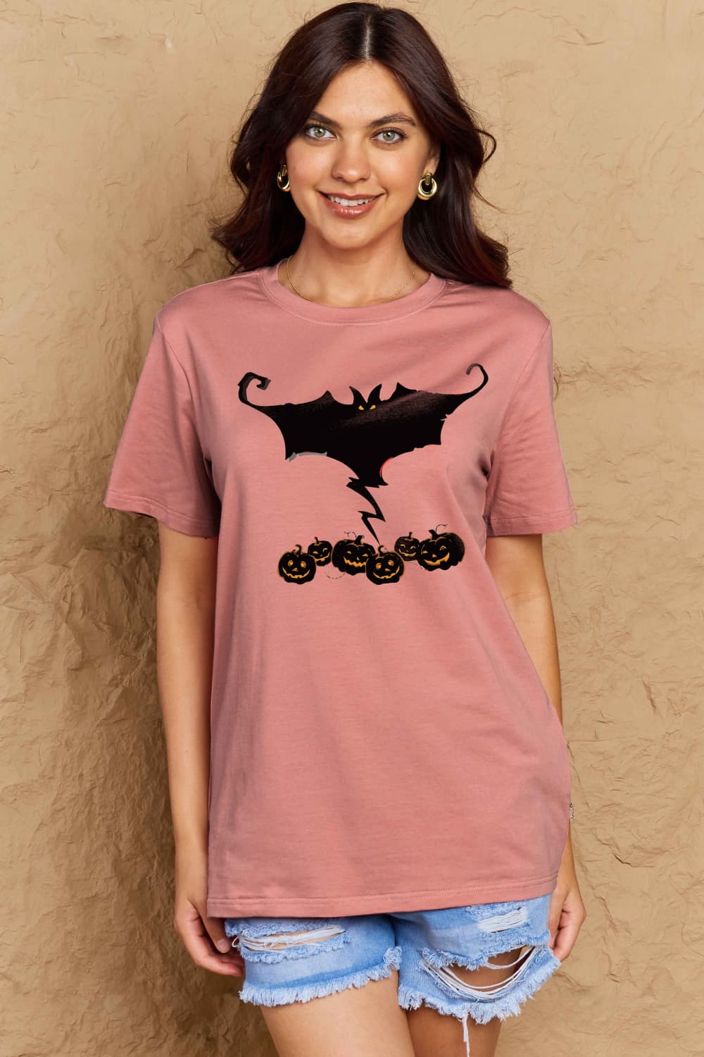 Full Size Bat & Pumpkin Graphic Cotton T-Shirt