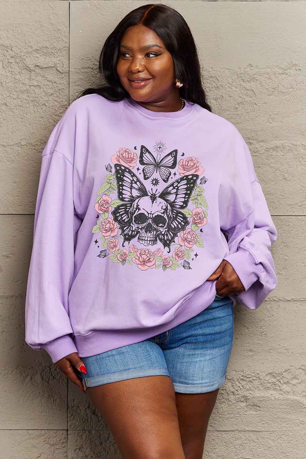Full Size Skull Butterfly Graphic Sweatshirt