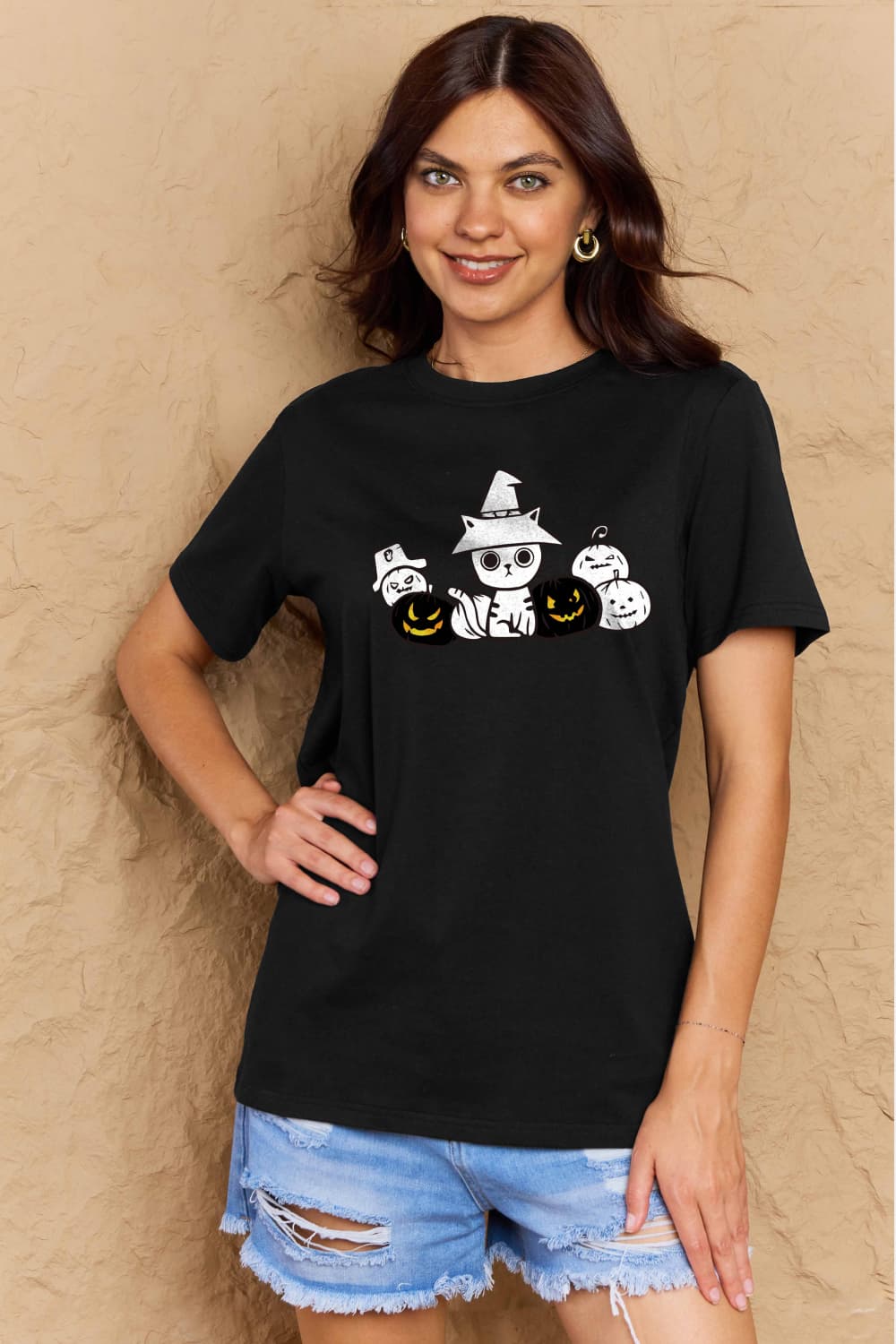 Full Size Cat & Pumpkin Graphic Cotton T-Shirt