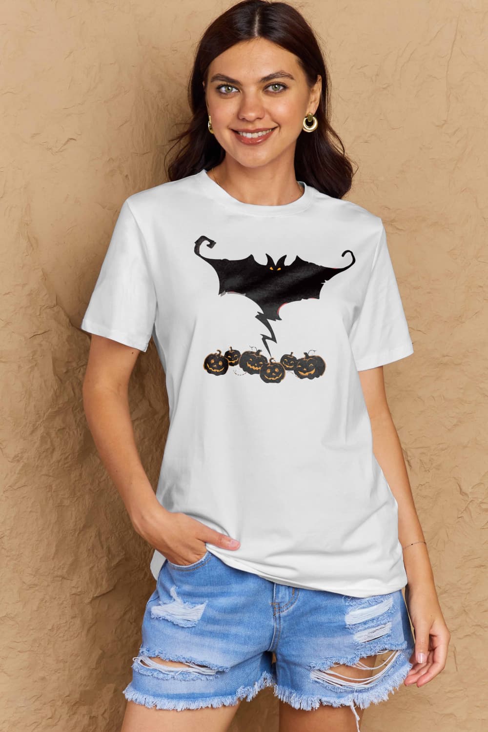 Full Size Bat & Pumpkin Graphic Cotton T-Shirt