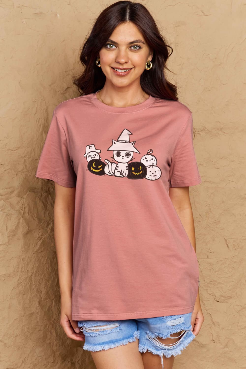 Full Size Cat & Pumpkin Graphic Cotton T-Shirt