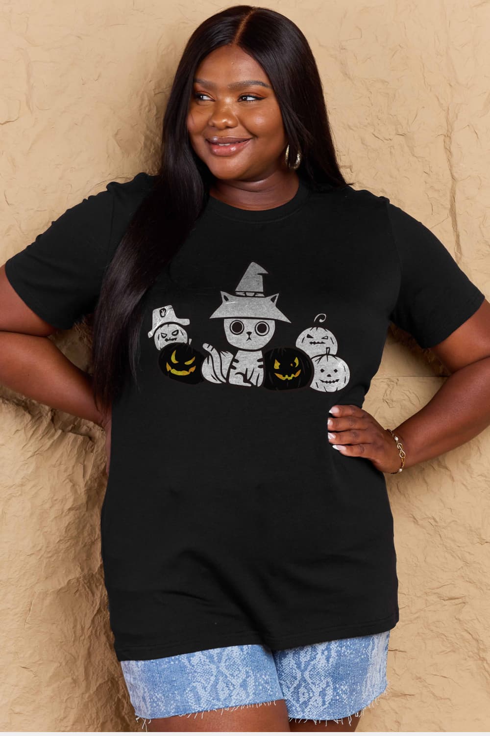 Full Size Cat & Pumpkin Graphic Cotton T-Shirt