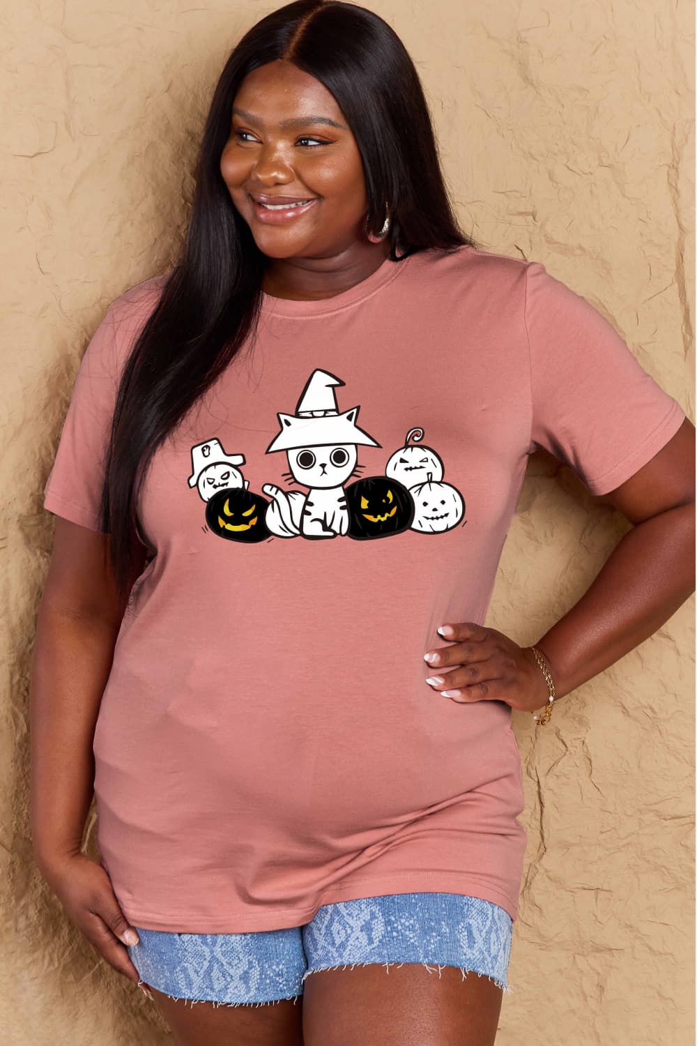 Full Size Cat & Pumpkin Graphic Cotton T-Shirt