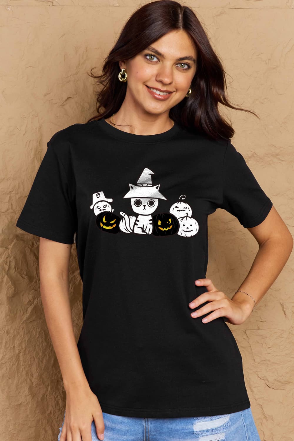 Full Size Cat & Pumpkin Graphic Cotton T-Shirt