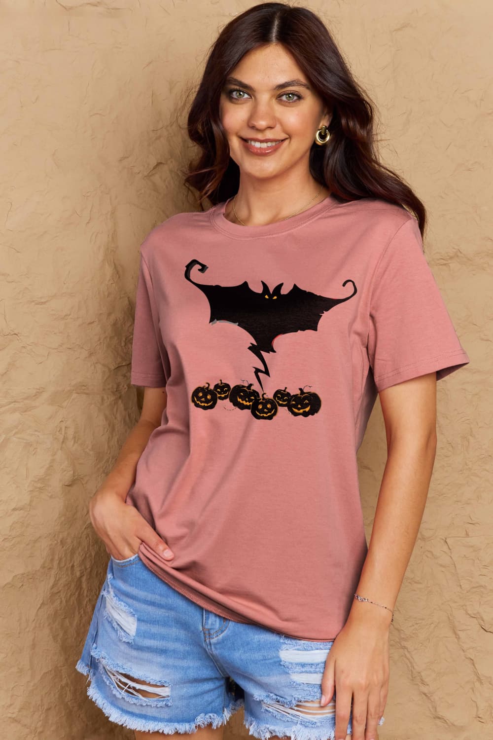 Full Size Bat & Pumpkin Graphic Cotton T-Shirt
