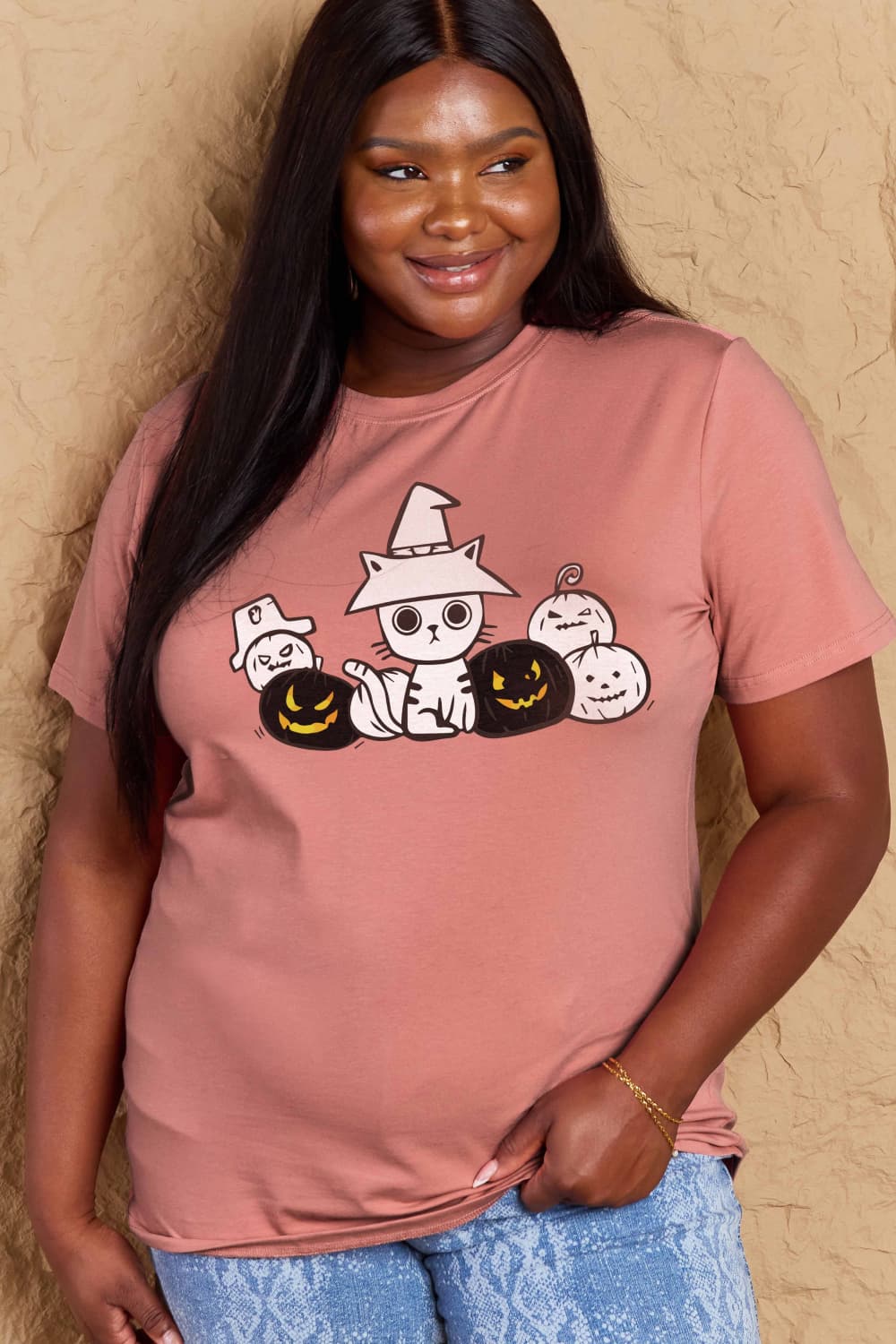 Full Size Cat & Pumpkin Graphic Cotton T-Shirt