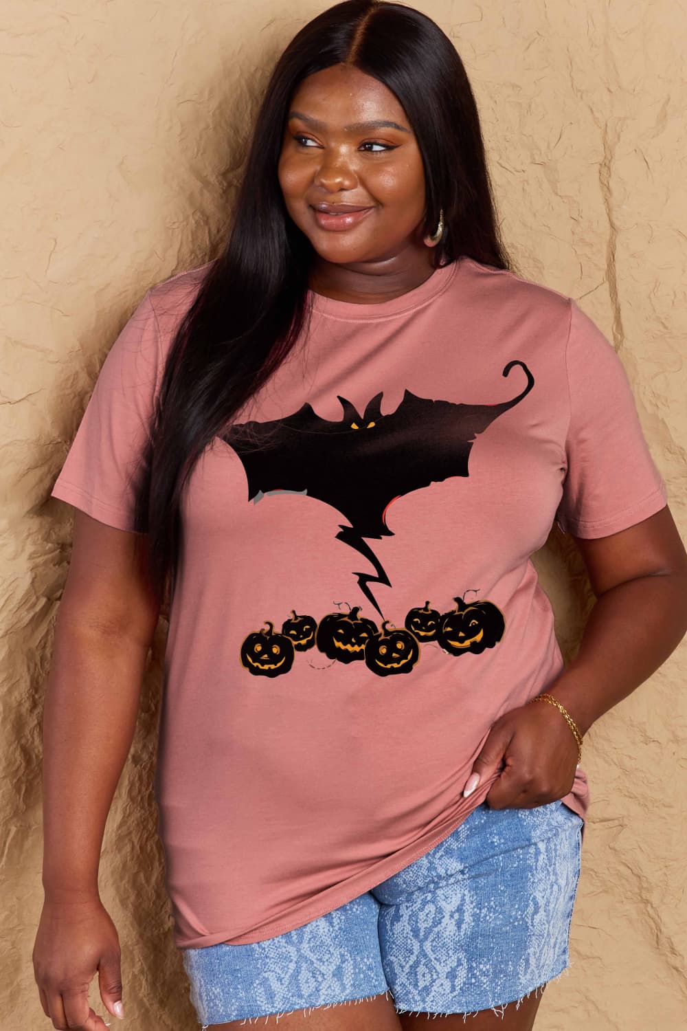 Full Size Bat & Pumpkin Graphic Cotton T-Shirt