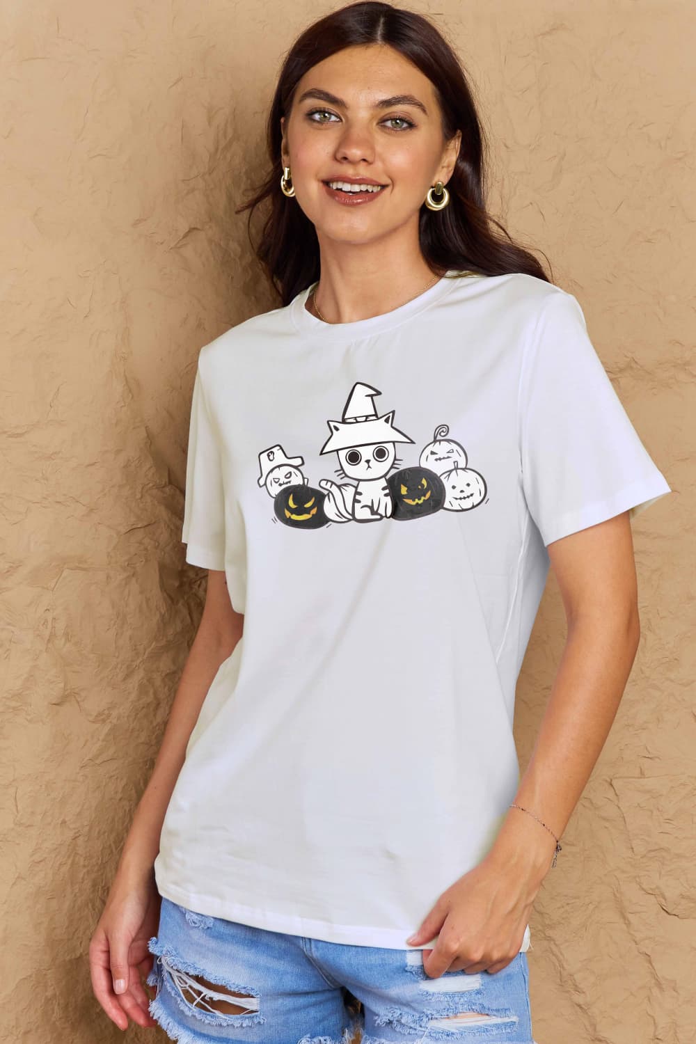 Full Size Cat & Pumpkin Graphic Cotton T-Shirt