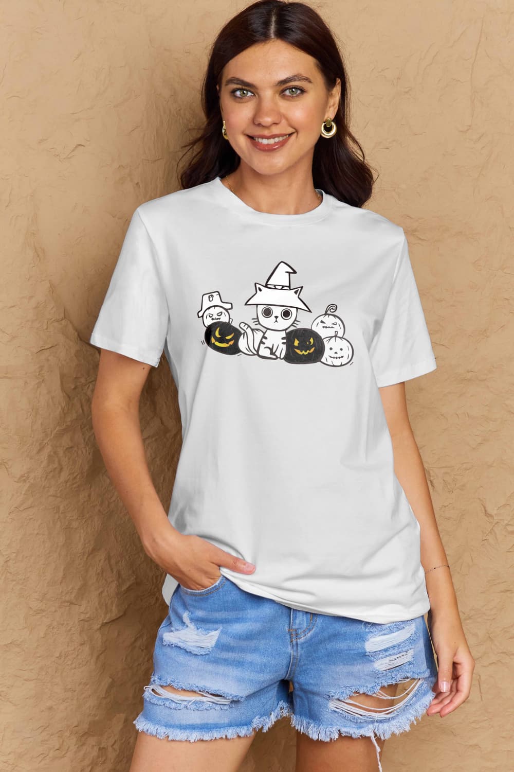 Full Size Cat & Pumpkin Graphic Cotton T-Shirt