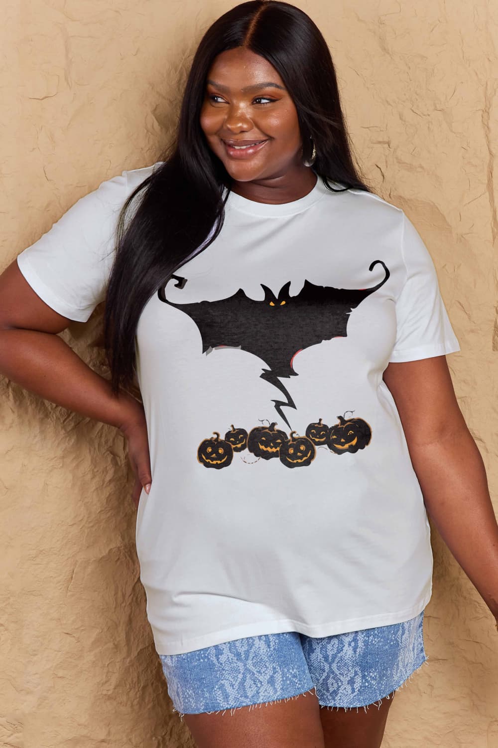 Full Size Bat & Pumpkin Graphic Cotton T-Shirt