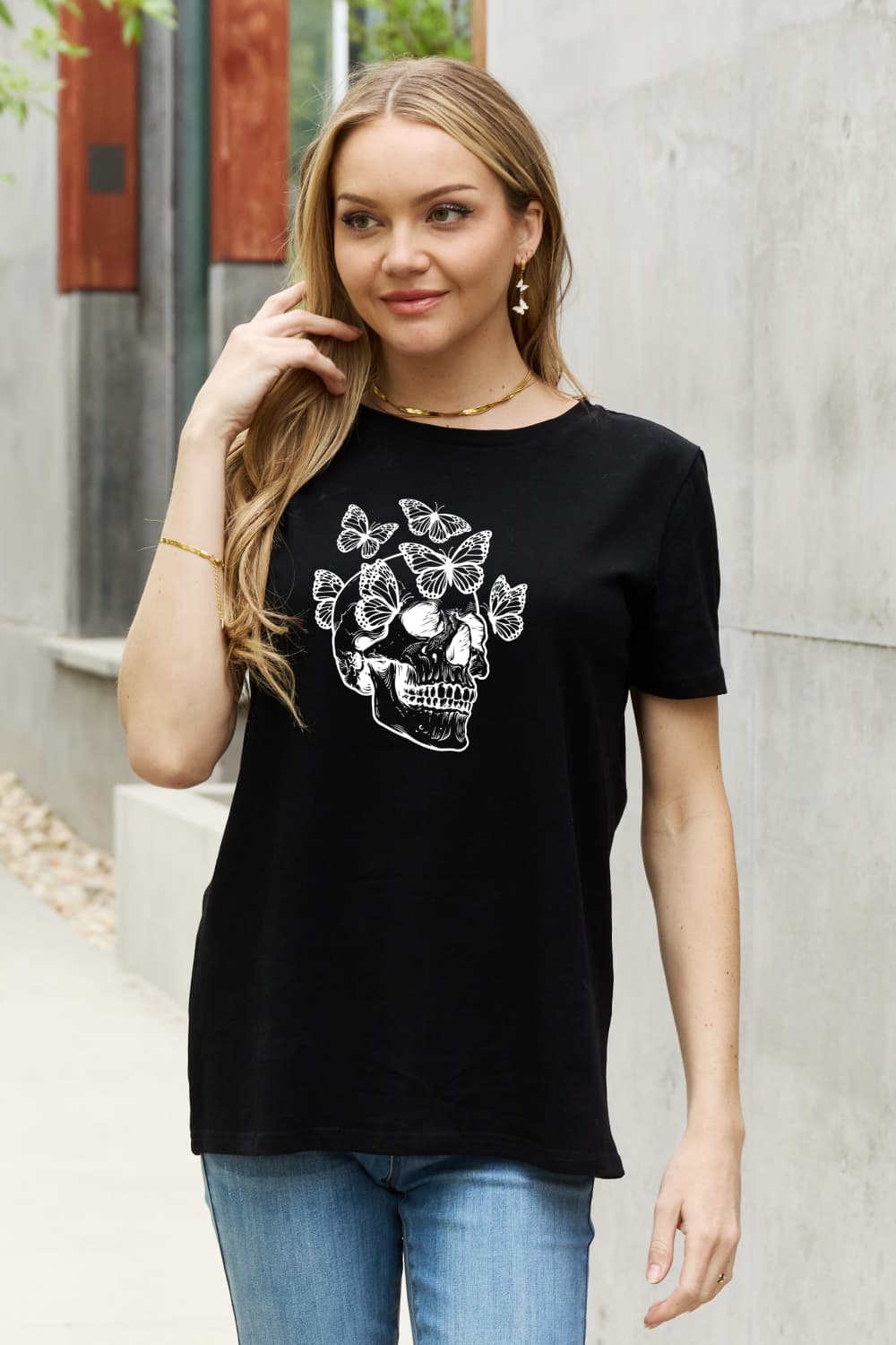 Full Size Butterfly Skull Graphic Cotton Tee