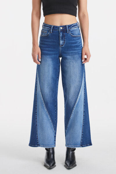 Full Size High Waist Two-Tones Patched Wide Leg Jeans