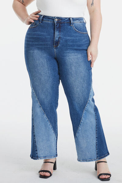 Full Size High Waist Two-Tones Patched Wide Leg Jeans