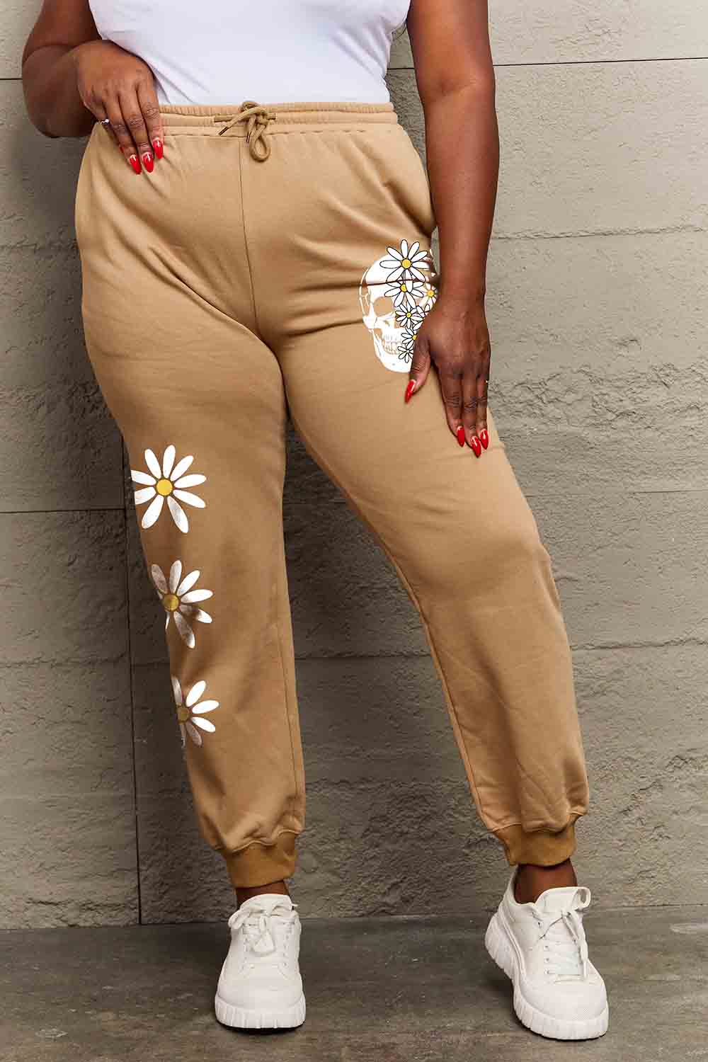 Full Size Drawstring Flower & Skull Graphic Long Sweatpants
