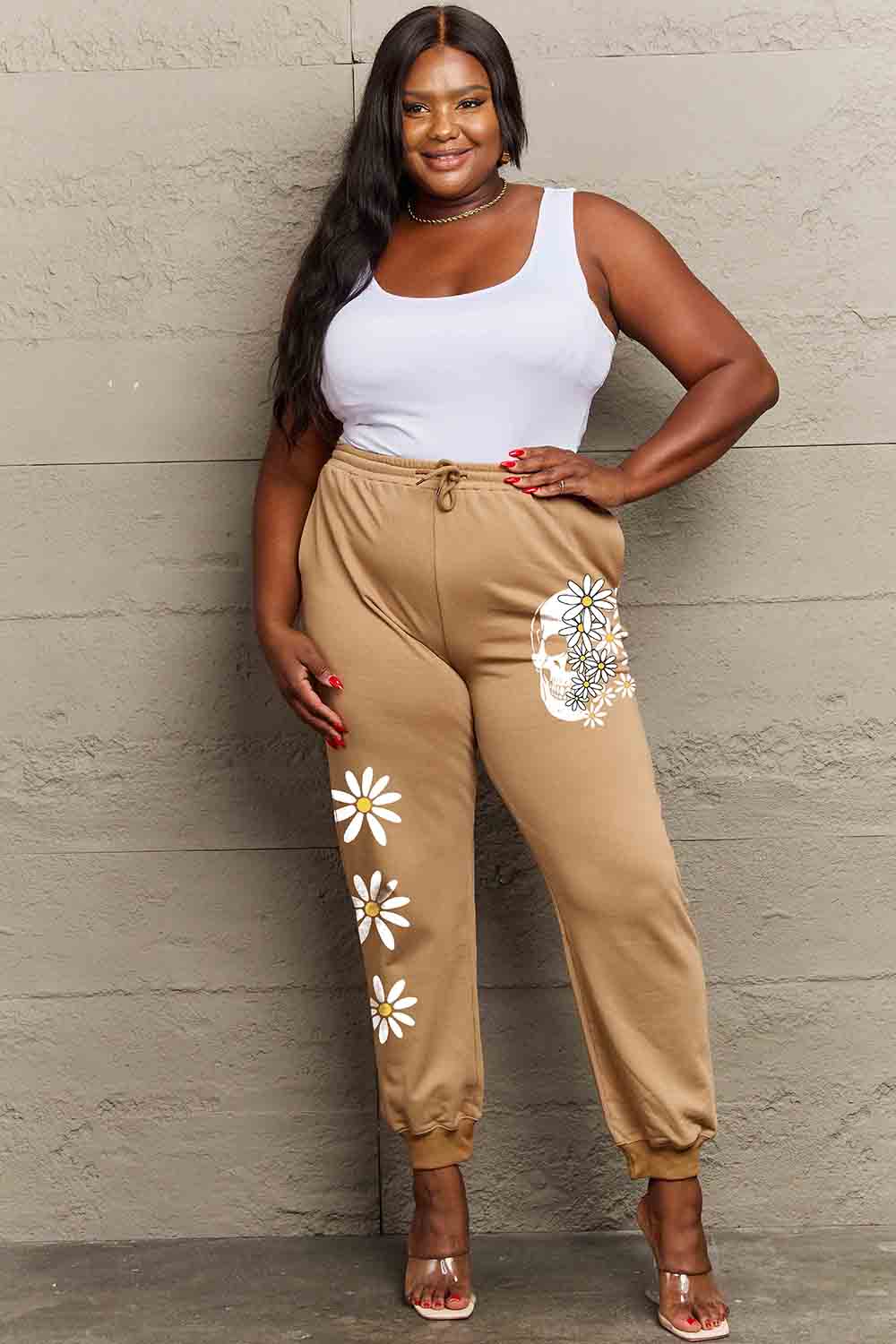 Full Size Drawstring Flower & Skull Graphic Long Sweatpants