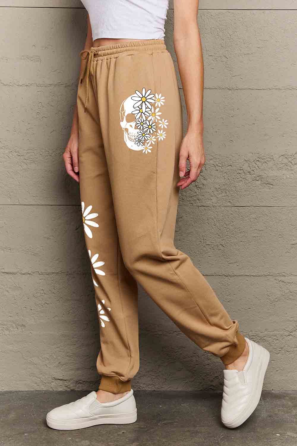 Full Size Drawstring Flower & Skull Graphic Long Sweatpants
