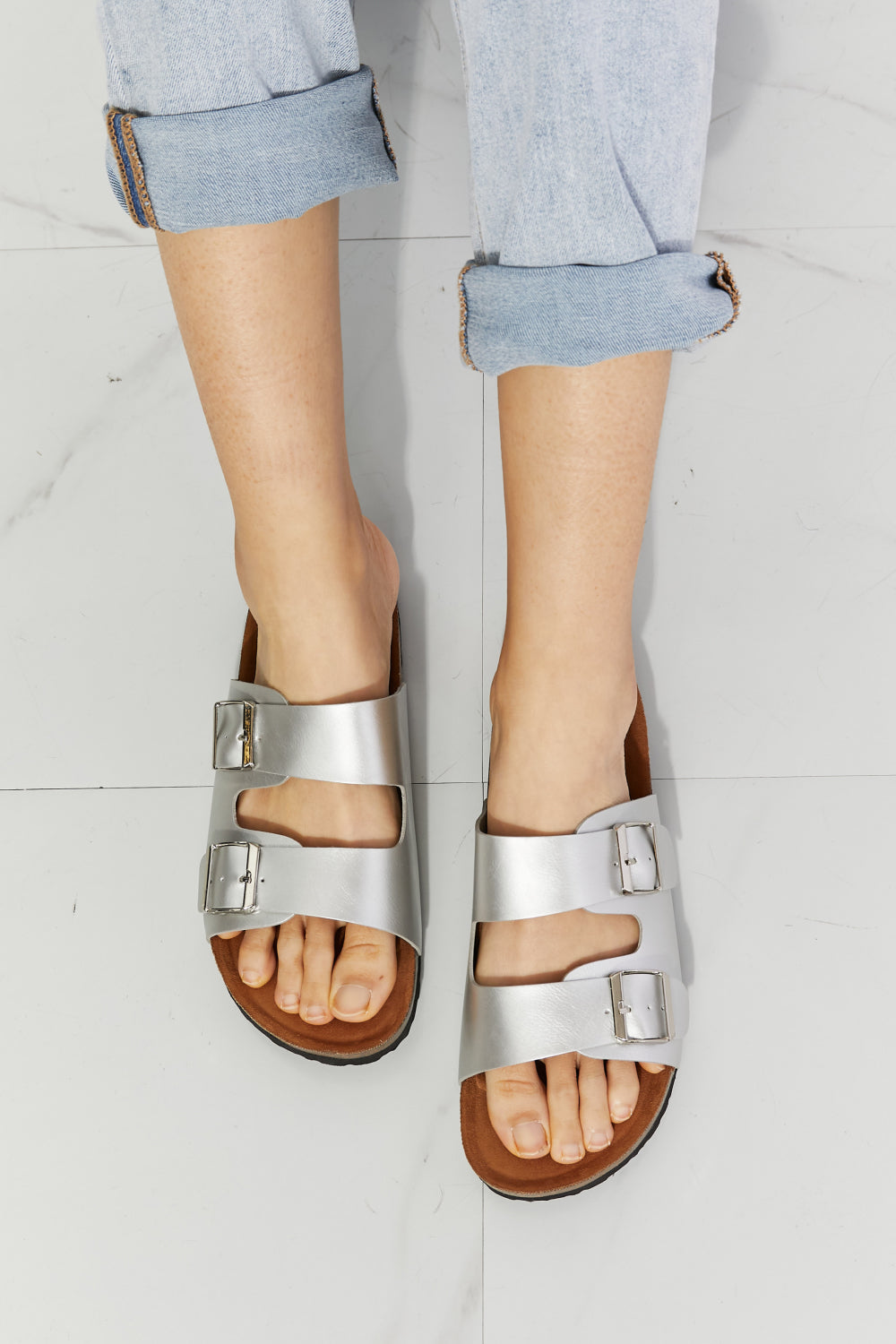 Double-Banded Slide Sandal in Silver