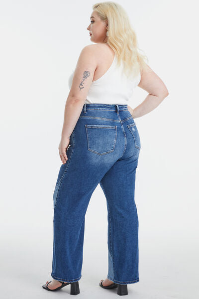 Full Size High Waist Two-Tones Patched Wide Leg Jeans