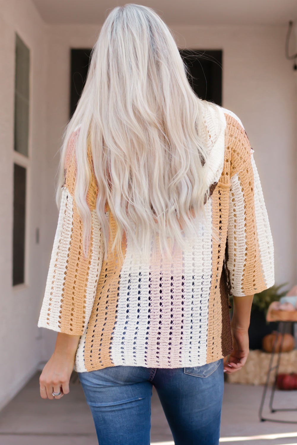 Colour Block Openwork Hooded Sweater