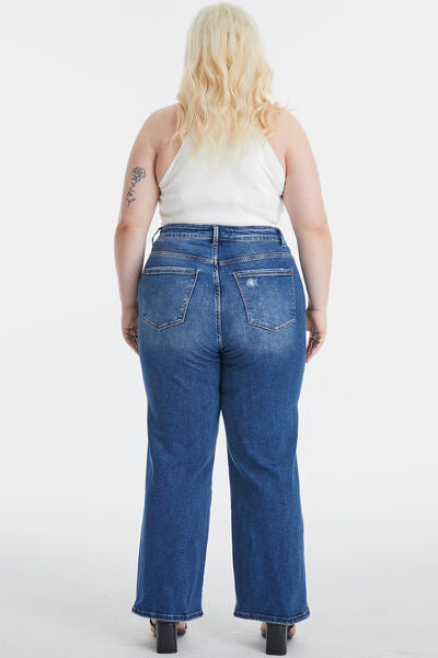 Full Size High Waist Two-Tones Patched Wide Leg Jeans