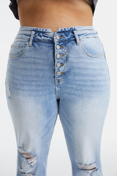 Full Size Distressed Raw Hem High Waist Flare Jeans