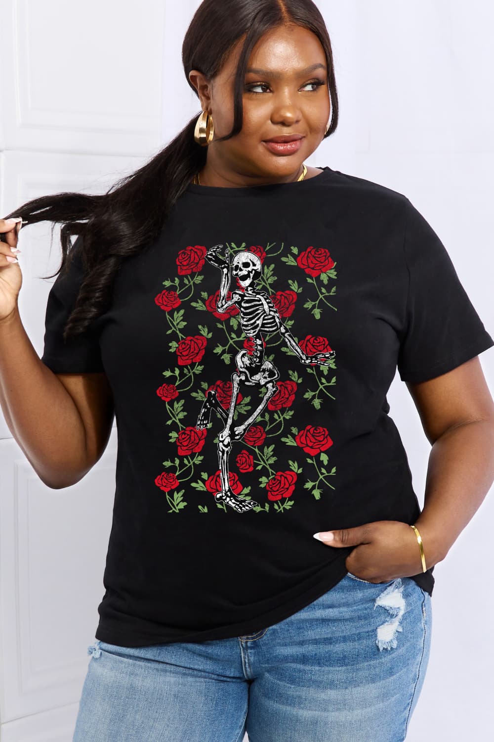 Full Size Skeleton & Rose Graphic Cotton Tee
