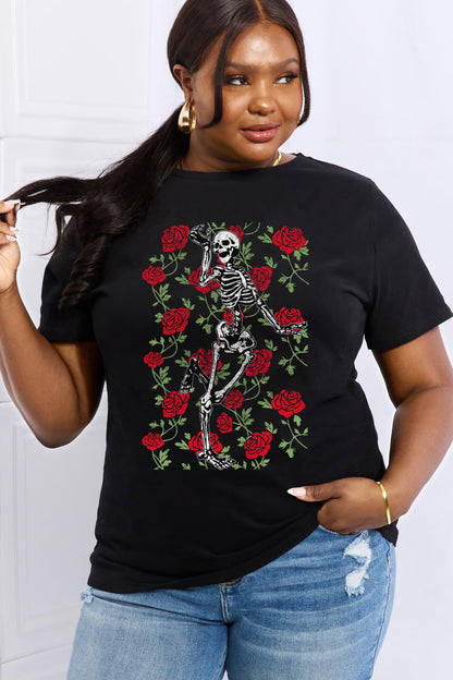 Full Size Skeleton & Rose Graphic Cotton Tee