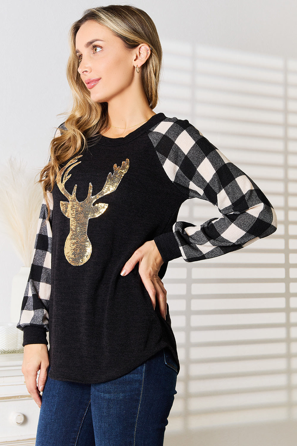Full Size Sequin Reindeer Graphic Plaid Top