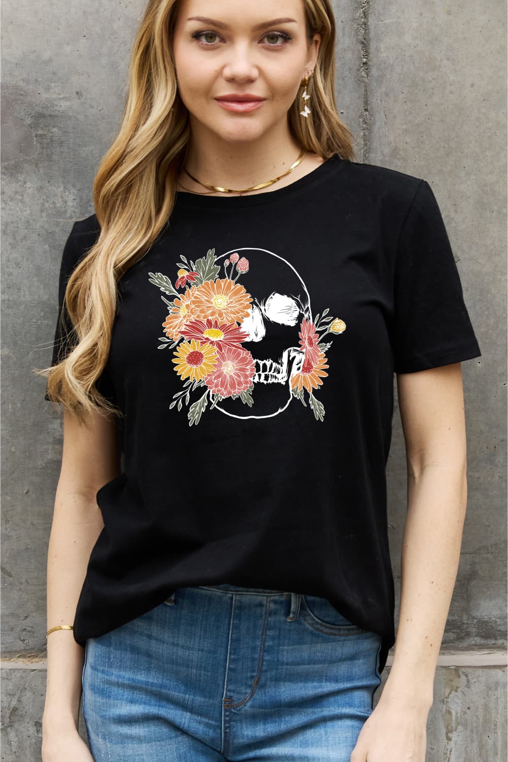 Full Size Flower Skull Graphic Cotton Tee