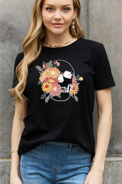 Full Size Flower Skull Graphic Cotton Tee
