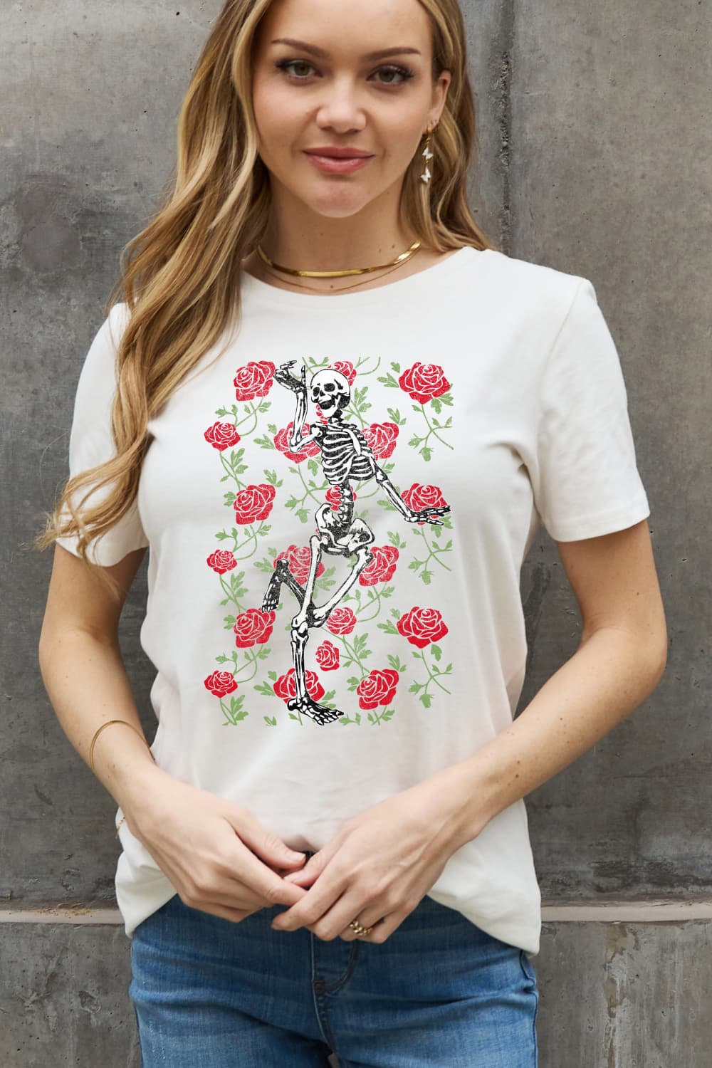 Full Size Skeleton & Rose Graphic Cotton Tee