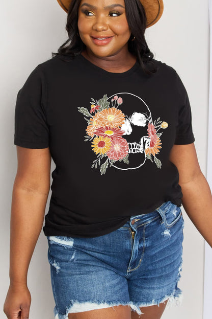 Full Size Flower Skull Graphic Cotton Tee