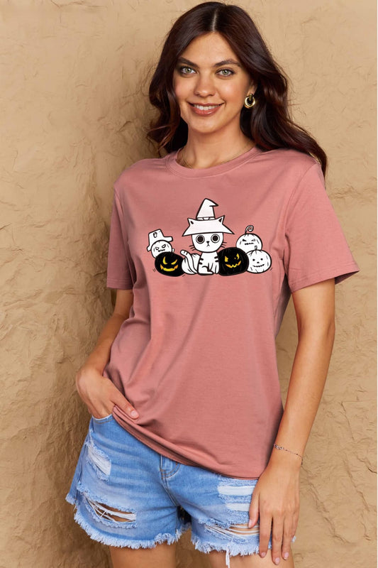 Full Size Cat & Pumpkin Graphic Cotton T-Shirt