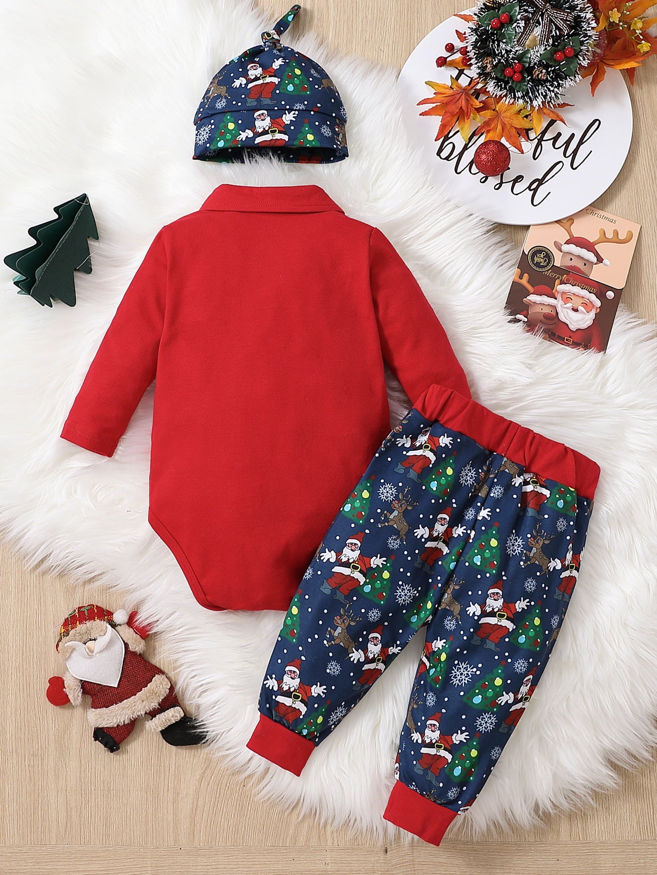 Christmas Printed Bow Front Collared Neck Bodysuit and Pants Set