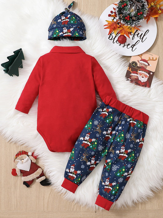 Christmas Printed Bow Front Collared Neck Bodysuit and Pants Set