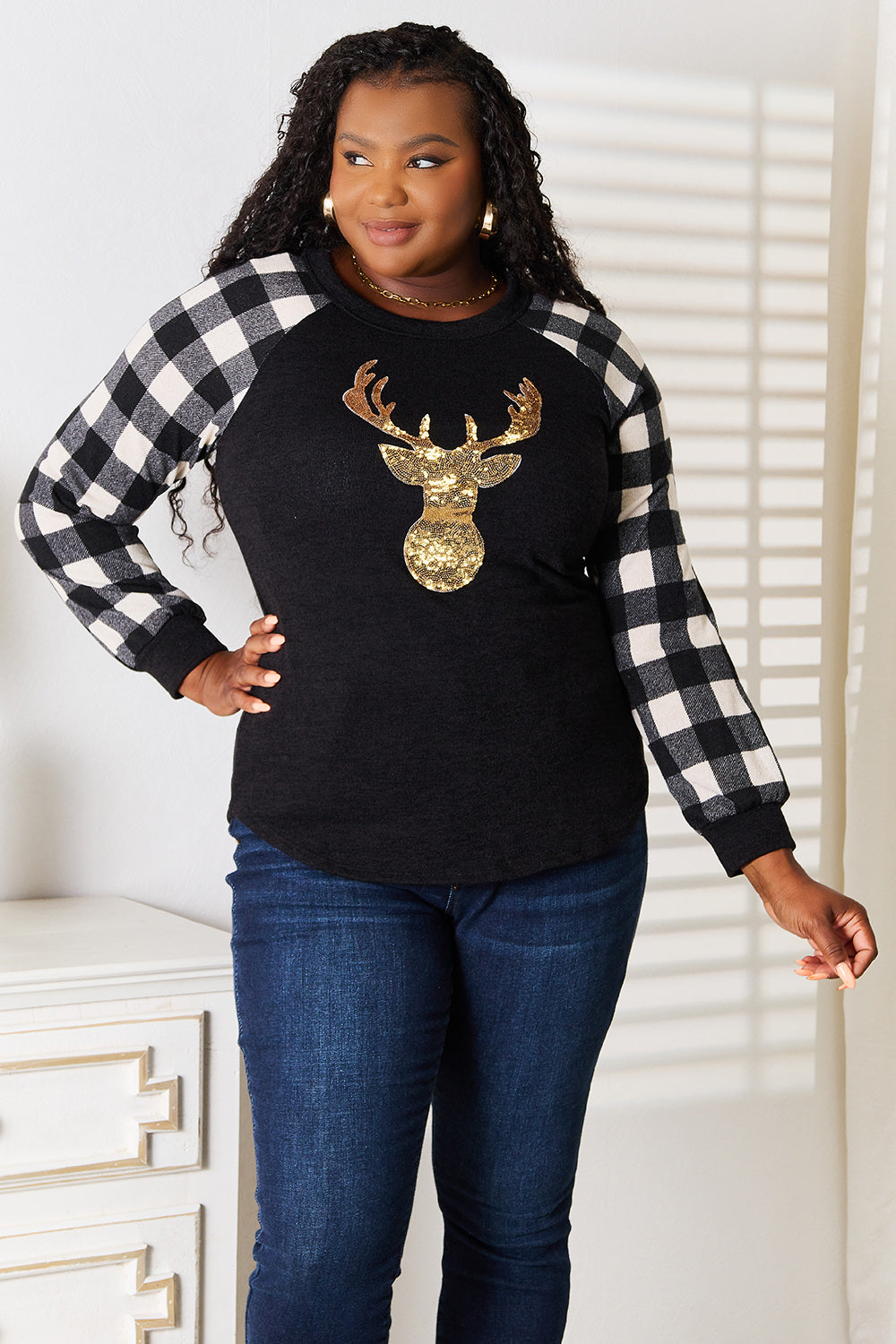 Full Size Sequin Reindeer Graphic Plaid Top