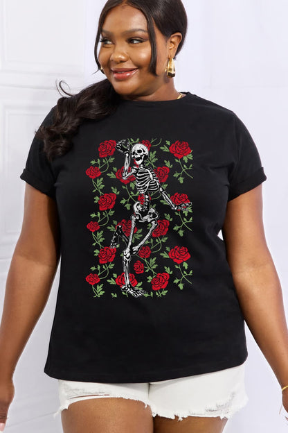 Full Size Skeleton & Rose Graphic Cotton Tee