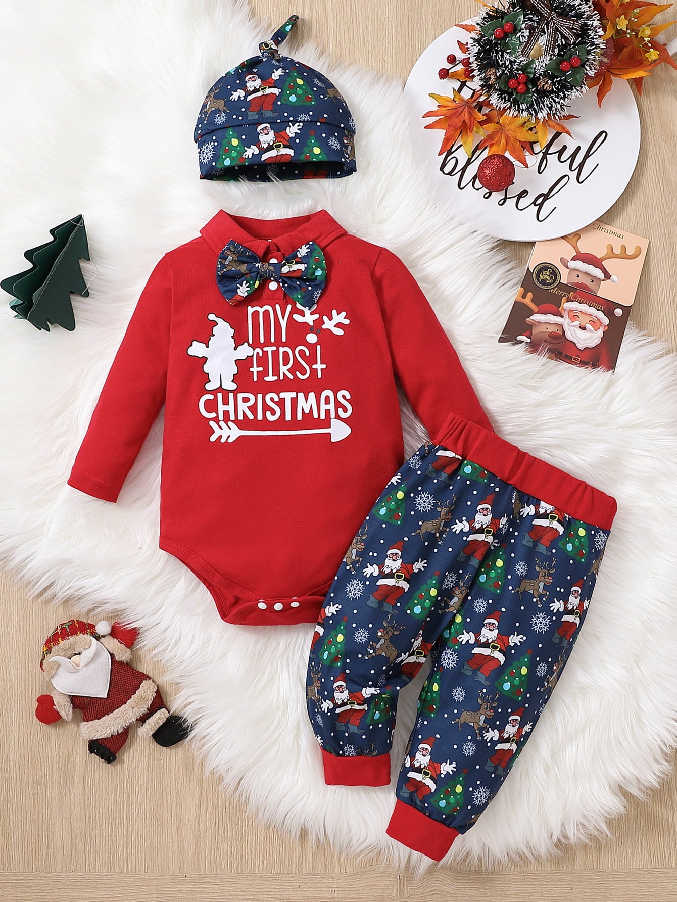 Christmas Printed Bow Front Collared Neck Bodysuit and Pants Set