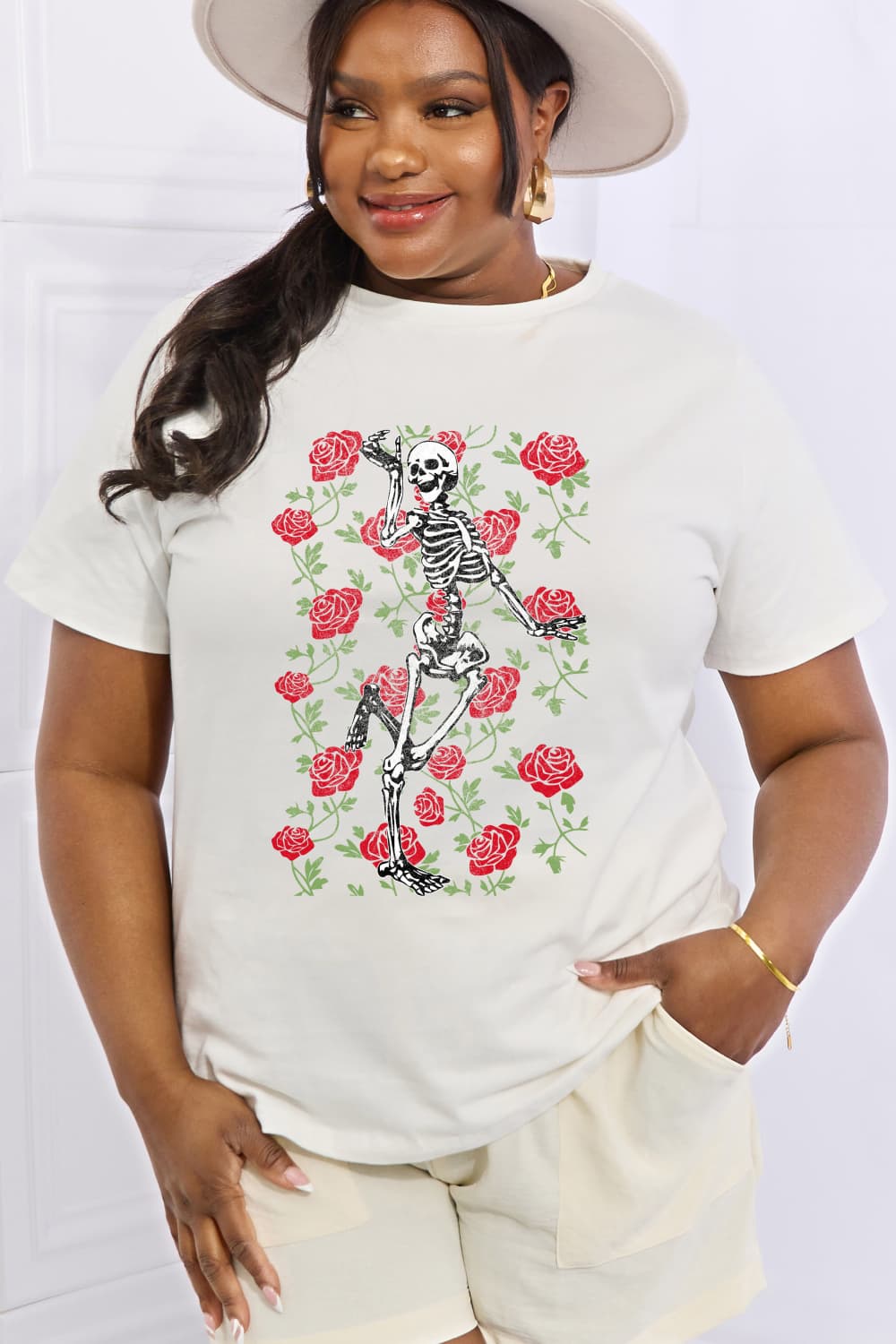 Full Size Skeleton & Rose Graphic Cotton Tee