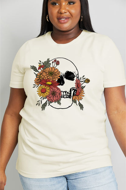 Full Size Flower Skull Graphic Cotton Tee