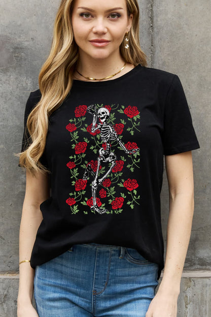 Full Size Skeleton & Rose Graphic Cotton Tee