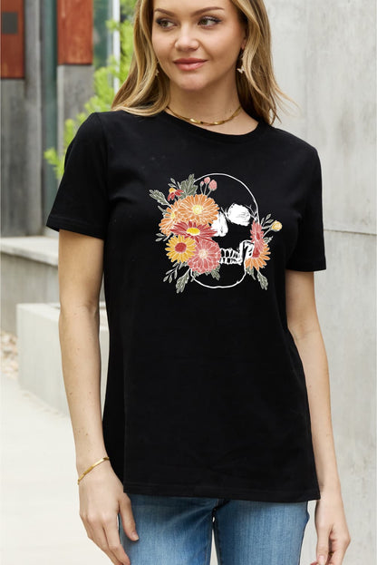 Full Size Flower Skull Graphic Cotton Tee