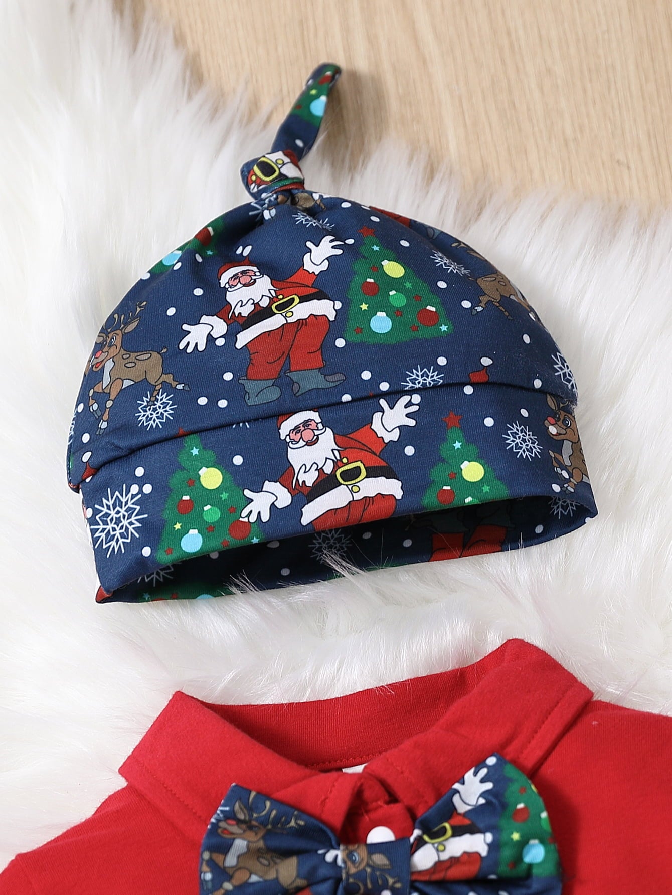 Christmas Printed Bow Front Collared Neck Bodysuit and Pants Set