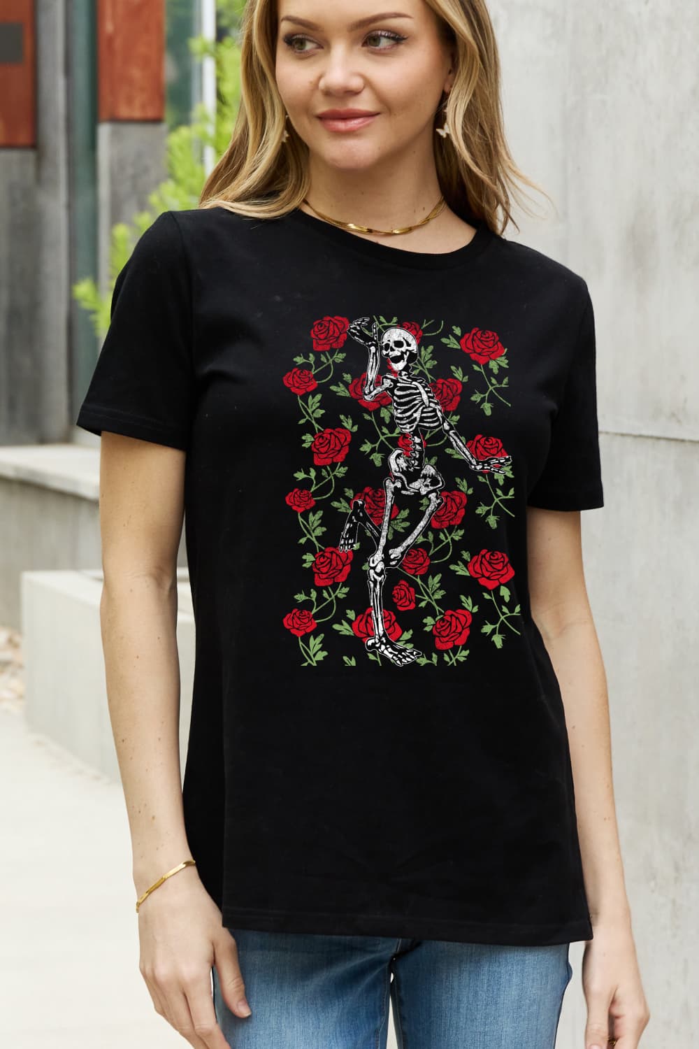 Full Size Skeleton & Rose Graphic Cotton Tee
