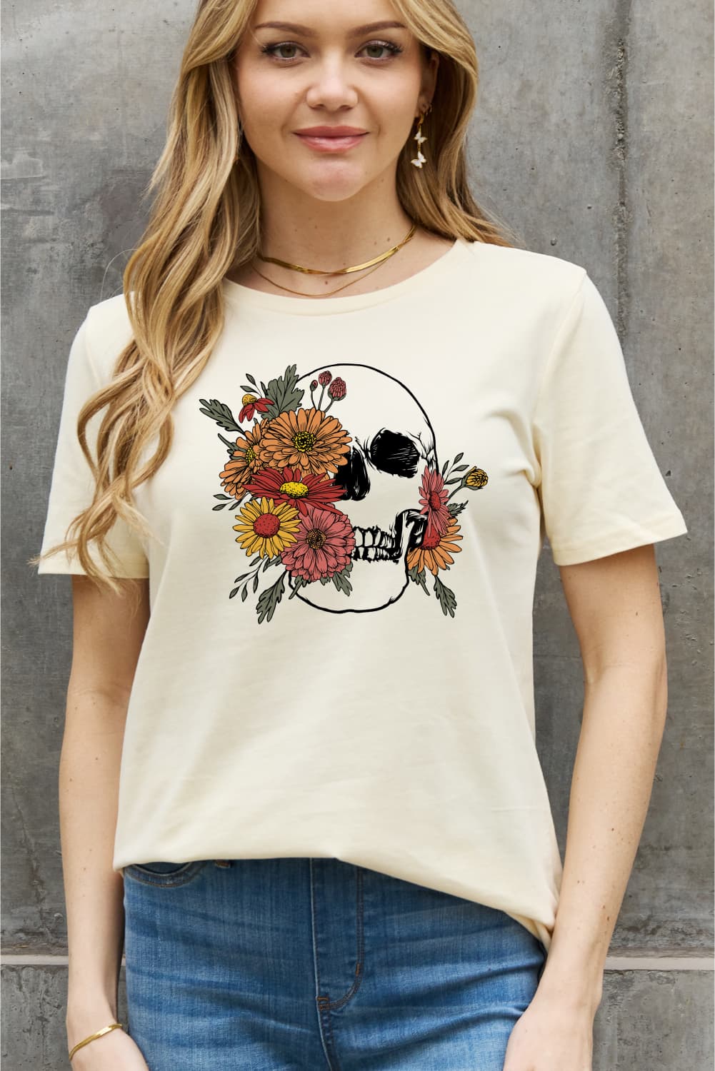 Full Size Flower Skull Graphic Cotton Tee