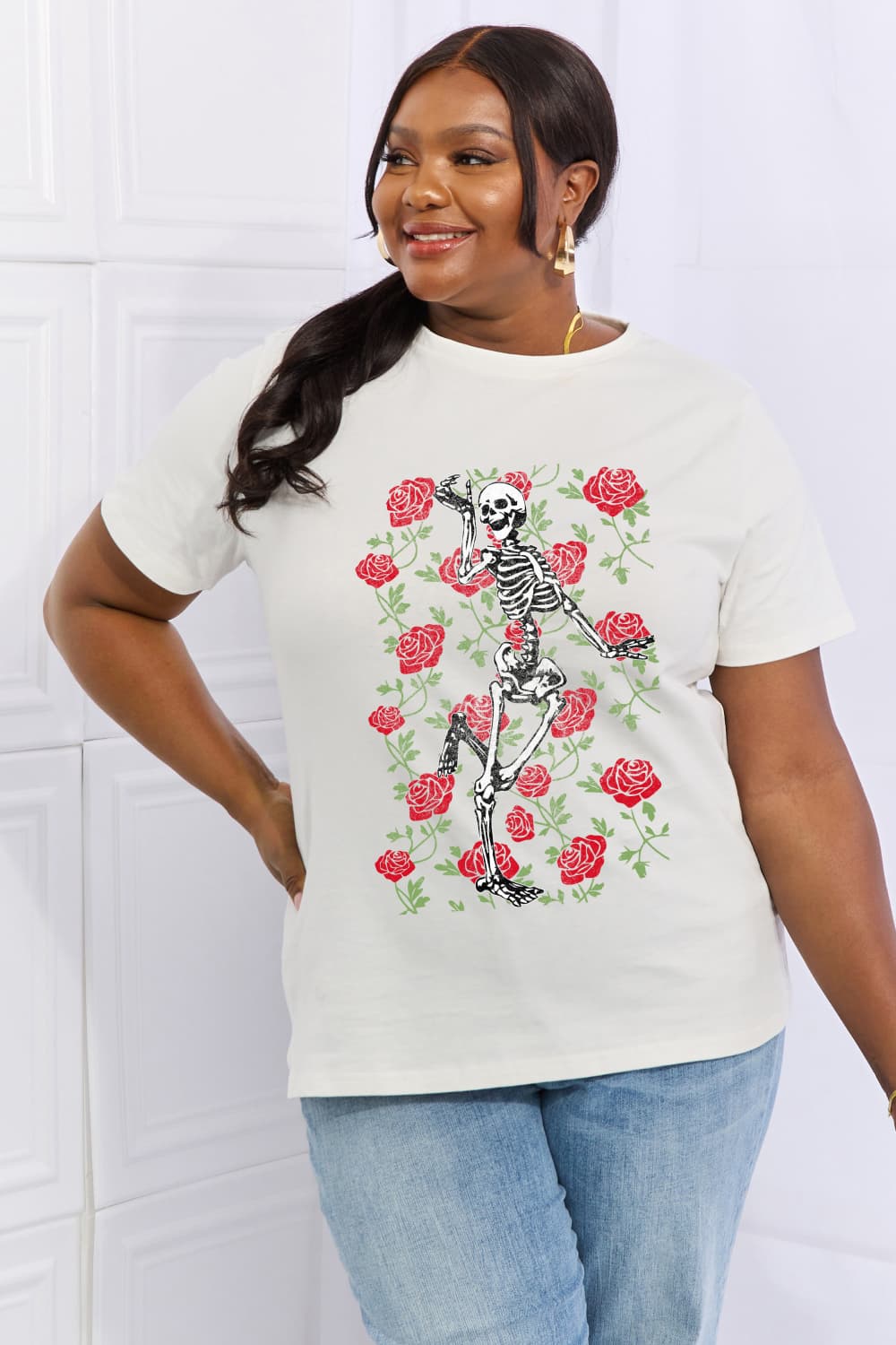 Full Size Skeleton & Rose Graphic Cotton Tee