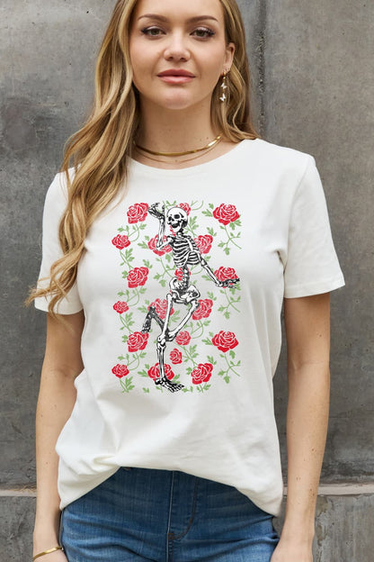 Full Size Skeleton & Rose Graphic Cotton Tee