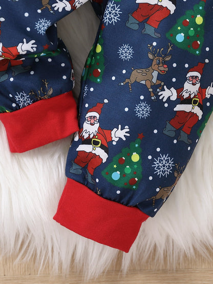 Christmas Printed Bow Front Collared Neck Bodysuit and Pants Set