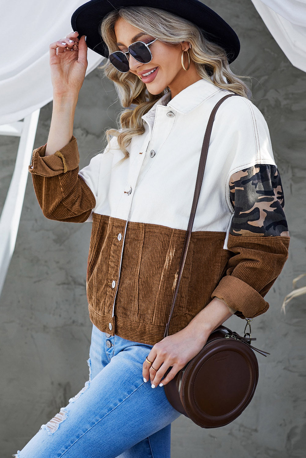 Leopard Colour Block Button-Up Corduroy Shacket