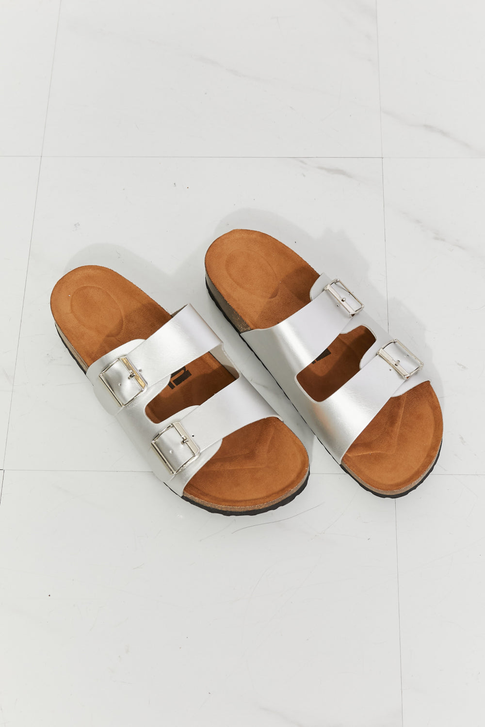 Double-Banded Slide Sandal in Silver